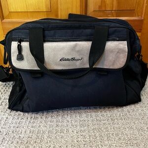 Eddie Bauer Black Canvas Leather Diaper Bag Changing Pad Overnight Travel Rugged